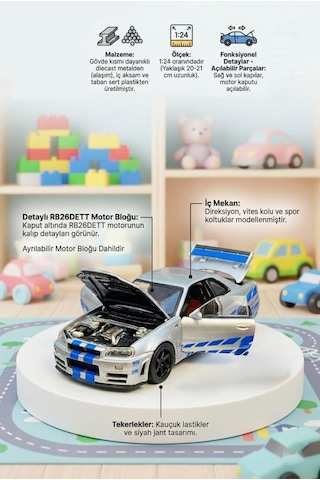 Hobiez World Orjinal 1:24 Lisanslı Nissan Skyline Gtr Kapıları Kaputu Açılabilir Model Oyuncak Araba Gri