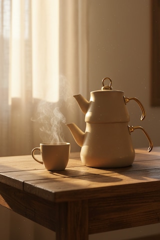 Yunusoğlu Home Granit Kaplama Gold Kulplu Cam Kapak Çaydanlık Krem Krem