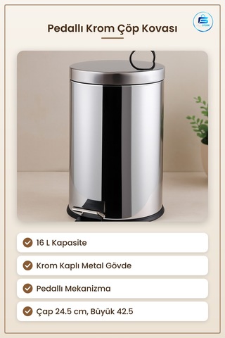 Pedallı Krom Metal Çöp Kovası 16 L Mutfak Banyo Ofis Çap 24.5 Cm