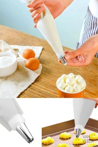 10 Parça Krema Sıkma Torbası Seti Paslanmaz Çelik Uçlu Pasta, Kek Ve Süsleme Torbası Beyaz