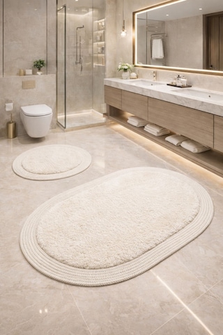 Melena Carpet Premium Kaymaz Taban Peluş Banyo Paspası Seti Jüt Kenar Detaylı 2 Li Oval Yuvarlak 100x60 60x60 Beyaz