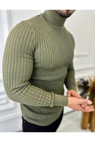 Kazak Slim Fit Tüylenmez Naturel Pamuk Triko Boğazlı Balıkçı Yaka Kazak Haki - Yeşil