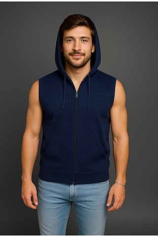 Axxel Erkek Lacivert Fermuarlı Kapüşonlu Kanguru Cepli Kolsuz Yelek-y1142 Lacivert