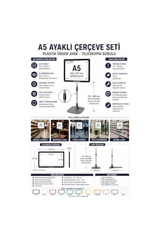5 Adet - A5 Ayaklı Çerçeve Seti Plastik Ördek Ayak Teleskopik Borulu Fiyat Etiketliği Yönlendirme Levhası Menü Panosu Siyah