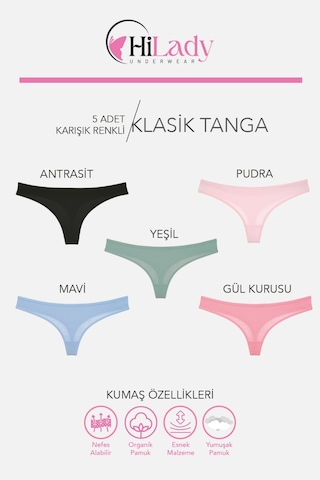 Hilady Kadın Tanga,düşük Bel Tanga String, 5'li Paket, Pamuklu Yumuşak Kumaş Pamuklu Tanga Koyu-soft