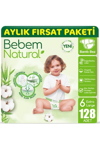Bebem Natural Bebek Bezi 6 Beden E.large Aylık Paket 128 Adet