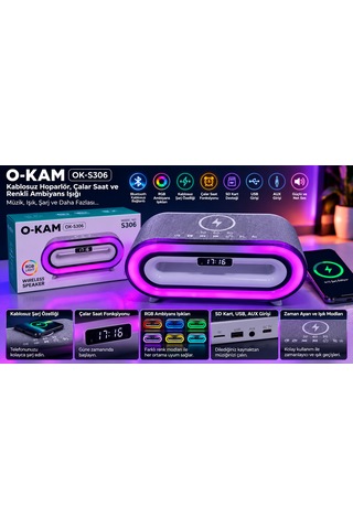 O-kam Ok-s306 Rgb Işıklı Bluetooth Hoparlör Kablosuz Şarj Özellikli Dijital Çalar Saat 7 Renk Ambiyans Işığı Usb Aux Sd Kart Destekli Masa Lambası