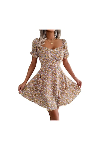 Gmxıa Yaz/ilkbahar Kadın Modası Dar Kesim Kare Yaka Kısa Kollu Elbise Sarı