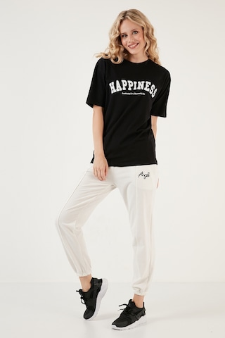Lela Baskılı Pamuklu Oversize Bisiklet Yaka Bayan T Shirt 541Happiness Siyah