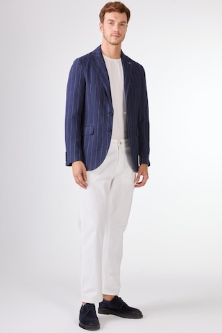 Dufy Lacivert Erkek Regular Fit Çizgili Sivri Yaka Keten Ceket - 104439 Lacivert