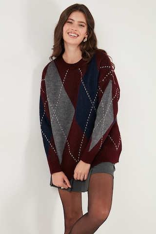 Lela Oversize Fit Bisiklet Yaka Baklava Desenli Bayan Kazak 4615578 Bordo