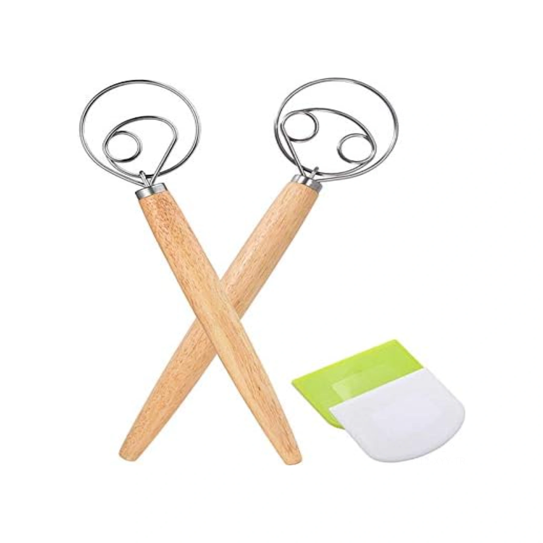 Yaleker Hessenwood Hamur Karıştırıcı Seti: 2 Paslanmaz Çelik Mikser + 2 Pizza/sourdough Hamur Spatula - Ahşap + Yeşil Tasarım Gümüş