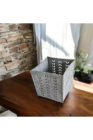 Keçe Saklama Kutusu Gri Renk, 16x16x16 Cm Dekoratif Organizer Sepet, 3 Mm Kalınlıkta, Çok Amaçlı Tekli Kutu Açık Ahşap