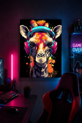 Gaming Kulaklıklı Lama Metal Duvar Tablosu Gamer Oda Dekoru Renkli Tasarım 30x40 Cm A3 Boyutunda