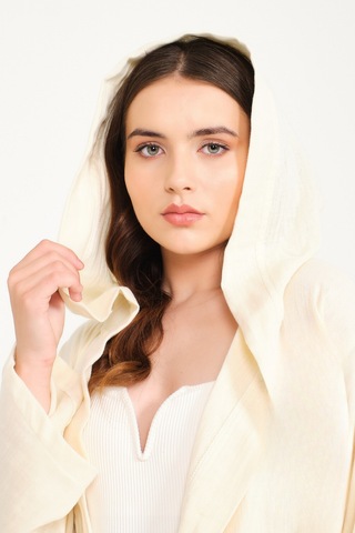 Pamuklu Kısa Kapüşonlu Müslin Kadın Bornoz Bej