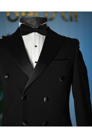 Bys Beystil Erkek Siyah Saten Yakalı Kruvaze Damatlık Ve Smokin Takım - Slim Fit