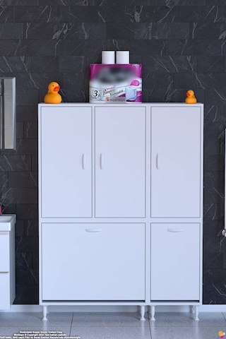 Ece 120 Cm Modüler Çamaşır Sepetli Bölmeli Banyo Dolabı - Beyaz 80+40 X160x32 Cm