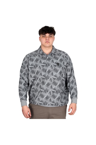Mode Xl Büyük Beden Erkek Polo Yaka Sweatshirt Baskılı Selanik U24440 Gri Melanj Gri Melanj