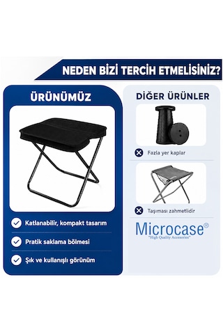 Microcase Çok Amaçlı Kompakt Katlanır Çift Saklama Bölmeli Kamp Taburesi Siyah 1 Adet Al5628