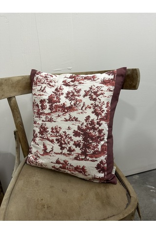 Toile De Jouy Monet Kırlent Kılıfı 43x43 Cm %100 Pamuk Dijital Baskılı Country Tarzı Fransız Dekoratif Yastık Kılıfı - Zt750 Kırmızı