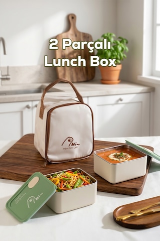 Porsima Bl25229 Isı Yalıtımlı Çanta Paslanmaz Çelik 2 Parça Vakumlu Yemek Termosu Beslenme Kutusu Taşınabilir Lunch Box Sefer Tası Krem