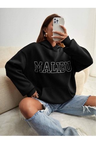 Altamira Unisex Siyah Malibu Baskılı Kapşonlu Oversize Sweatshirt 001