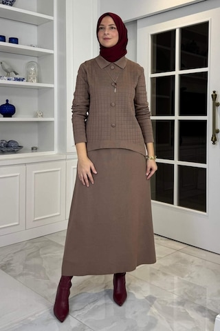 Rabia Şamlı Kumsal Triko Takım Sütlü Kahve Çok Renkli