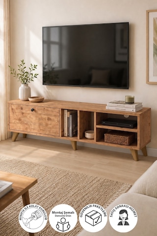 Tv Ünitesi 140 Cm Tv Sehpası Düşer Kapaklı Tv Ünitesi Televizyon Sehpası Sardinya Çam