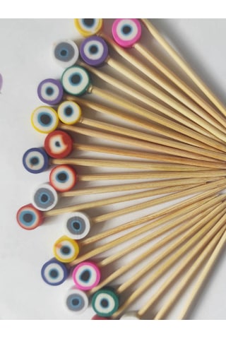 100 Adet Dekoratif Renkli Fimo Nazar Boncuklu Sunum Kürdanı 6,5 Cm - Nazarboncuklu Pasta Kürdanı