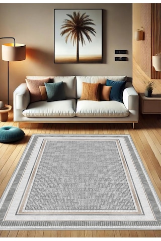 STY Home Gri Dijital Baskı Salon Halısı Kaymaz Tabanlı Yıkanabilir Halı Yolluk 414 Gri