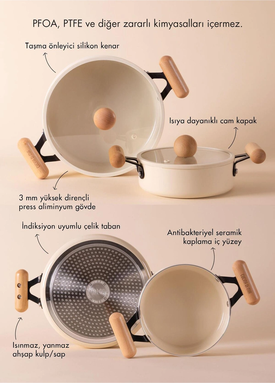 The Mia Cucina 4 Parça Kapaklı Sahan Ve Tava Seti Takımı Seramik Kaplama Krem