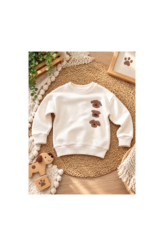 Uğur Bebe Erkek Çocuk 2 Li Takım %100 Pamuk 3 İplik Şardonsuz Köpek Baskılı Ekru Renk Sweatshirt Ve Çizgili Kahverengi Pantolon Şık Günlük Kombin Ekru Kahverengi Ekru Kahverengi