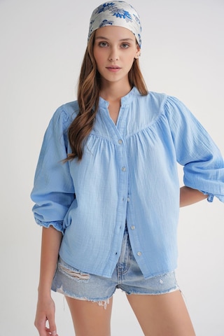 4733 Kadın Büzgü Robalı Uzun Kol Müslin Gömlek Bebe Mavi Bebe Mavi