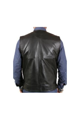 Hakiki Deri Önden Fermuarlı Erkek Deri Yelek Siyah