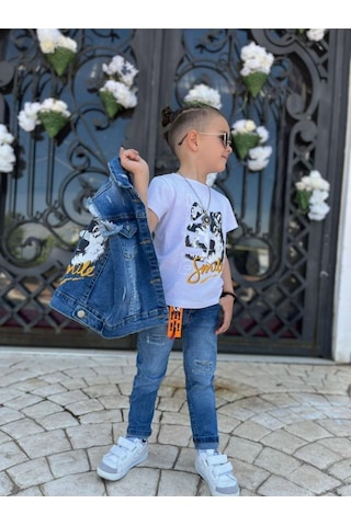 Uğur Böceği Çocuk Kurt Desenli Kot Yelekli Pantolon Tshirt Üçlü Erkek Takım 2-12 Yaş Mavi