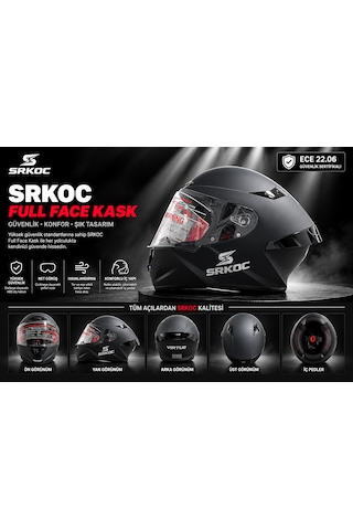 Srkoc İntercom Uyumlu Full Face Ece 22.06 Sertifikalı Mat Siyah Motorsiklet Kaskı