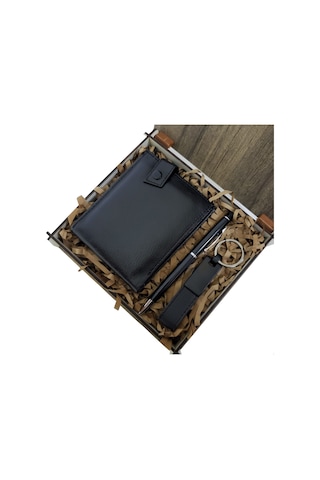 Ahşap Deri Kutulu Siyah Renk 3'lü Hediye Seti - Kalem, Cüzdan, Anahtar