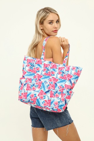 İcone Bag Kadın Çantası, Fonksiyonel Baskılı Plaj Çanta, Beach Bag, Karpuz Tropical Desenli Fermuarlı Çanta Mavi - Kırmızı