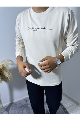 Say-Has Fashion Göğüs Baskılı Bisiklet Yaka Sweatshirt Bej