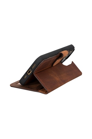 Bloomcase  İphone Uyumlu 16 Pro Max Mahogany Brown Hakiki Deri Cüzdanlı Telefon Kılıfı Kahverengi