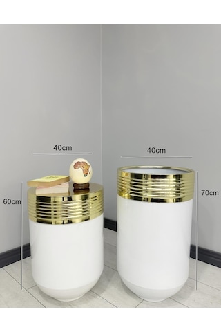 Elegant Dekoratif Gold Darbuka Parlak Beyaz Saksı 70cm + 60cm Sehpa İkili Set