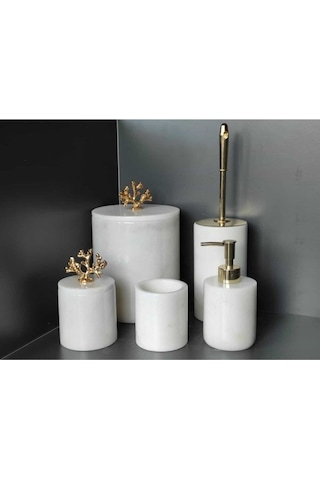 Beyaz Mermer Gold Mercan Aksesuarlı 5'li Banyo Seti Beyaz