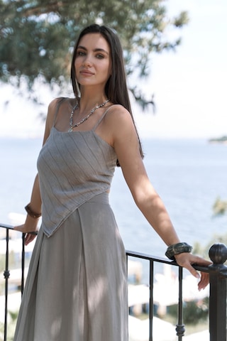 Mai Collection Mai Studios Co. Kita Üçgen Detay Çizgili Vizon Keten Crop Vizon