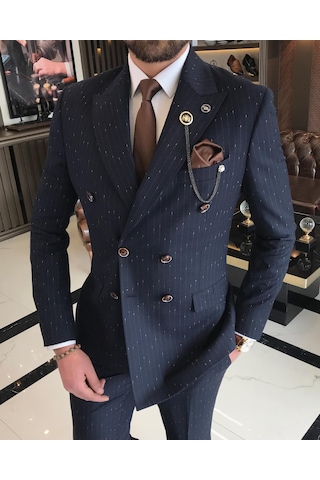 İtalyan stil slim fit çizgili kruvaze ceket pantolon takım elbise lacivert T9501-Lacivert