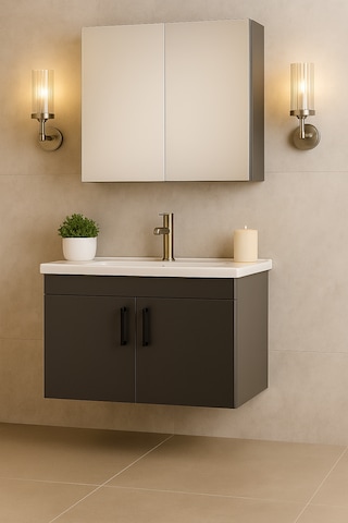 Luna 65 Cm Ahşap Camlı Üst Modül Ve Seramik Lavabolu, Mdf Banyo Dolabı Takımı Antrasit