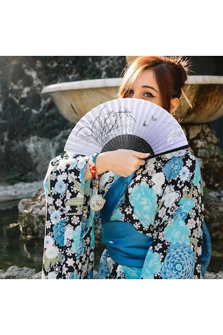 Beluga Yelpaze Bambu Kumaş Serinletici Vintage Siyah Şık Dekorasyon Püsküllü Japon Yelpaze 0181