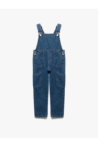 Koton Pamuklu Kare Yaka Ayarlanabilir Askılı Uzun Denim Salopet Tulum Orta İndigo 5skg80006ad İndigo