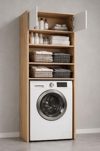 Rudu Lavin Çok Amaçlı Banyo Dolabı Düzenleyici 66x65x190 Cm 2 Kapaklı 4 Raflı Meşe - Beyaz