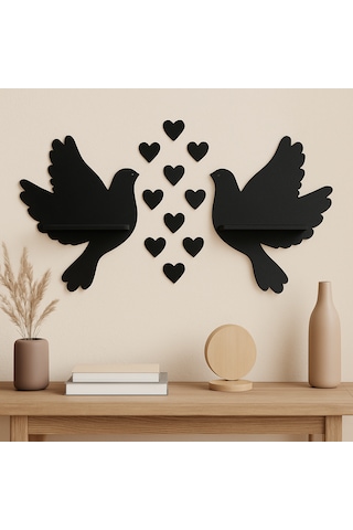 Çifte Kumru Ahşap 2'li Güvercin Duvar Rafı 30x28 Cm