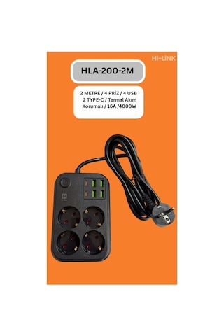 Hi-link 4 Soketli 2xtype-c +4xusb Girişli 2 Metre Kablolu Akım Korumalı Priz 0 - 2 M